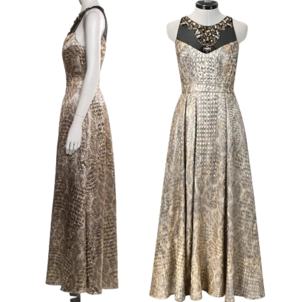 Badgley Mischka Gold Metallic Beaded Evening Gown Prom Dress 6 MSRP $1850 NWT - Picture 3 of 12